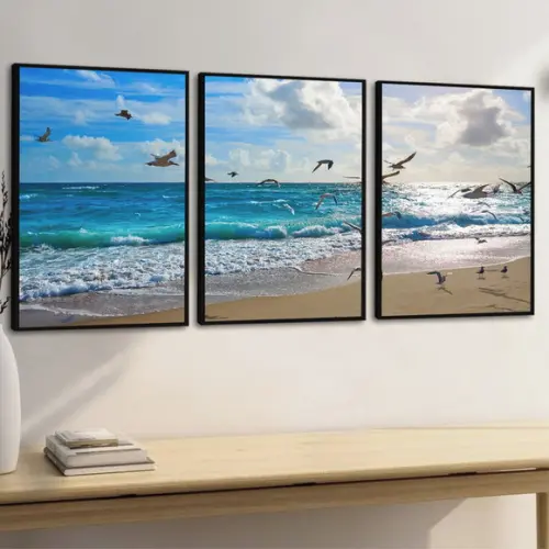 Kit Quadros Decorativos Paisagem Praia Gaivotas Mar Moldura