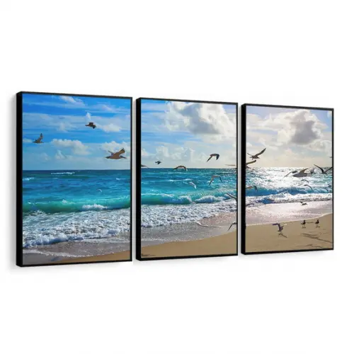 Kit Quadros Decorativos Paisagem Praia Gaivotas Mar Moldura