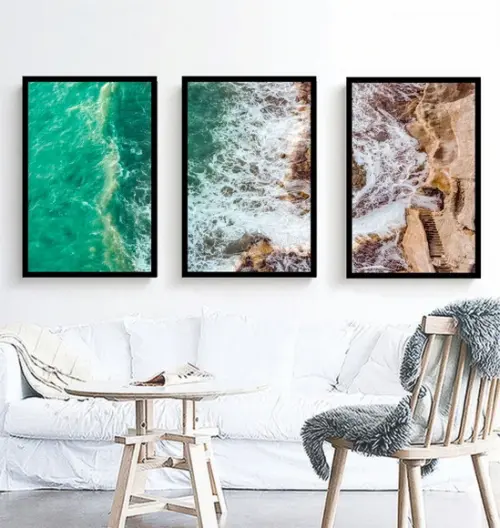 Kit Quadros Decorativos Paisagem Praia Mar Conjunto Moldura