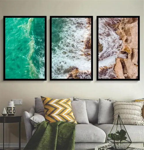 Kit Quadros Decorativos Paisagem Praia Mar Conjunto Moldura