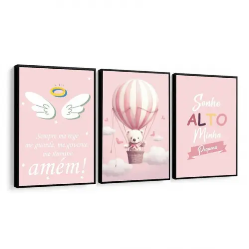 Kit Quadros Decorativos Personalizado Infantil Rosa Moldura