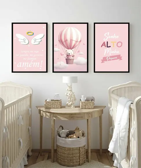 Kit Quadros Decorativos Personalizado Infantil Rosa Moldura
