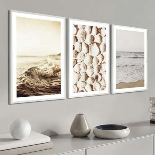 Kit Quadros Decorativos Praia Mar Paisagem Boho com Moldura