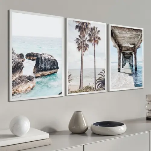 Kit Quadros Decorativos Praia Mar Paisagem Coqueiro Moldura