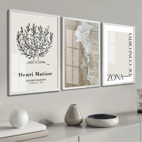 Kit Quadros Decorativos Praia Matisse Frases Moldura e Vidro