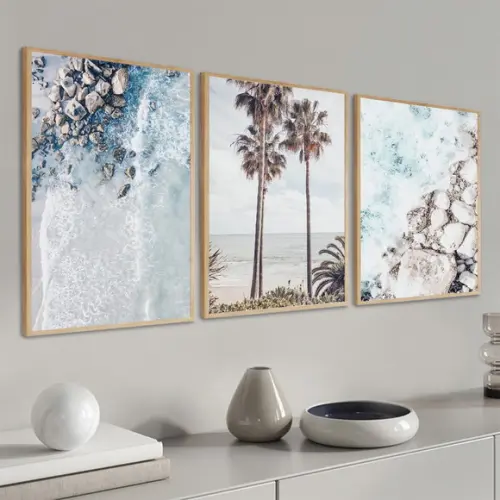 Kit Quadros Decorativos Praia Paisagem Mar Coqueiro Moldura