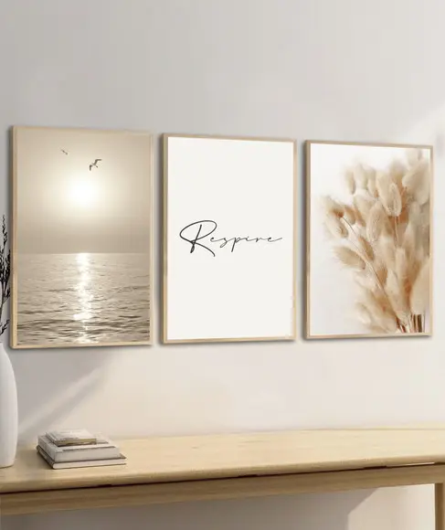 Kit Quadros Decorativos Respire Praia Folhagem Boho Moldura