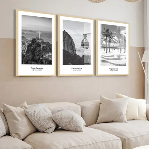Kit Quadros Decorativos Rio de Janeiro Preto e Branco Vidro