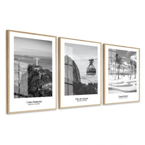 Kit Quadros Decorativos Rio de Janeiro Preto e Branco Vidro