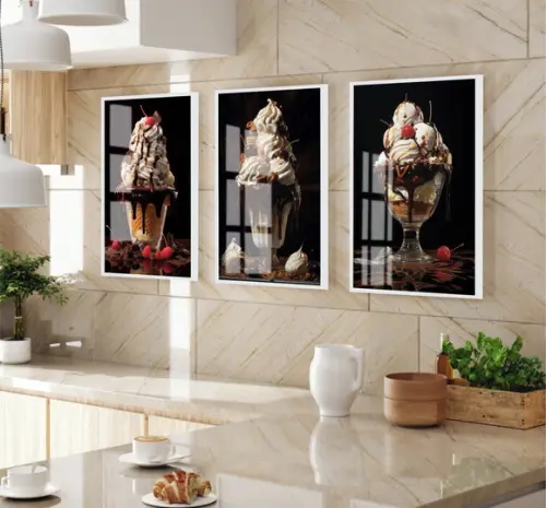 Kit Quadros Decorativos Sorvete Sundae Lanchonete com Vidro