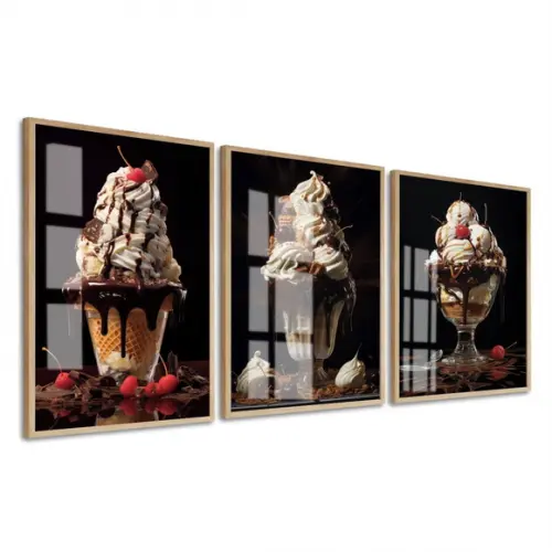 Kit Quadros Decorativos Sorvete Sundae Lanchonete com Vidro