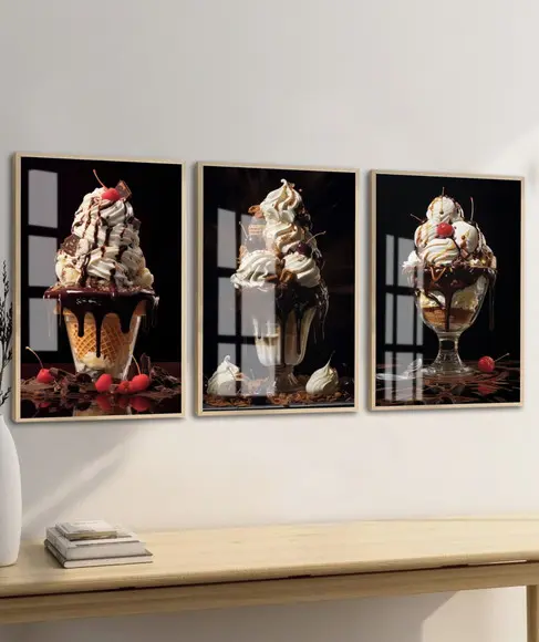 Kit Quadros Decorativos Sorvete Sundae Lanchonete com Vidro