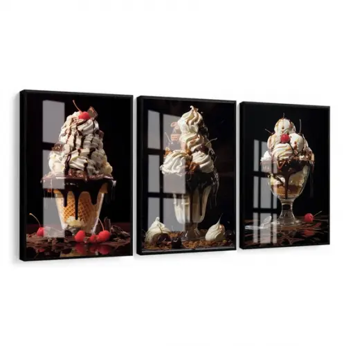 Kit Quadros Decorativos Sorvete Sundae Lanchonete com Vidro
