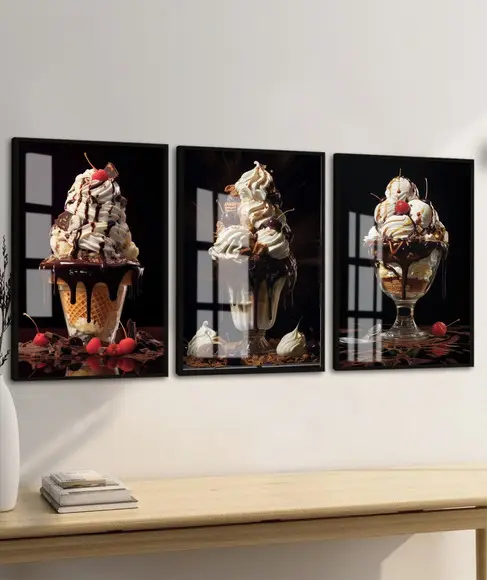 Kit Quadros Decorativos Sorvete Sundae Lanchonete com Vidro