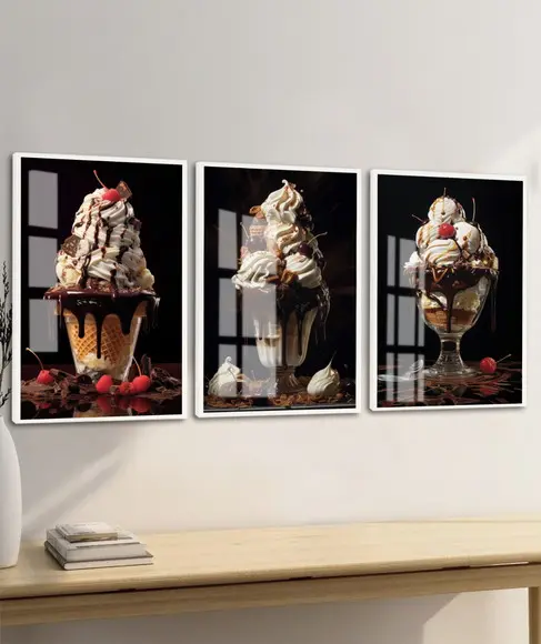 Kit Quadros Decorativos Sorvete Sundae Lanchonete com Vidro