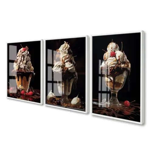 Kit Quadros Decorativos Sorvete Sundae Lanchonete com Vidro