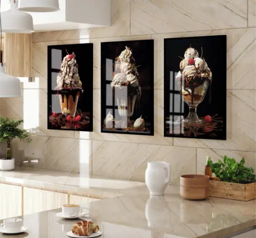 Kit Quadros Decorativos Sorvete Sundae Lanchonete com Vidro