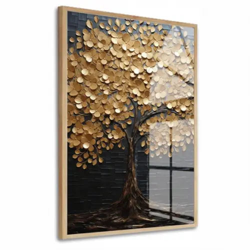Quadro Decorativo Abstrato Arvore Dourada Grande com Vidro
