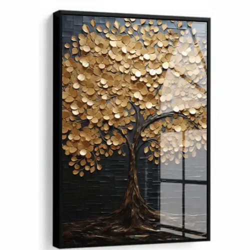 Quadro Decorativo Abstrato Arvore Dourada Grande Luxo Vidro