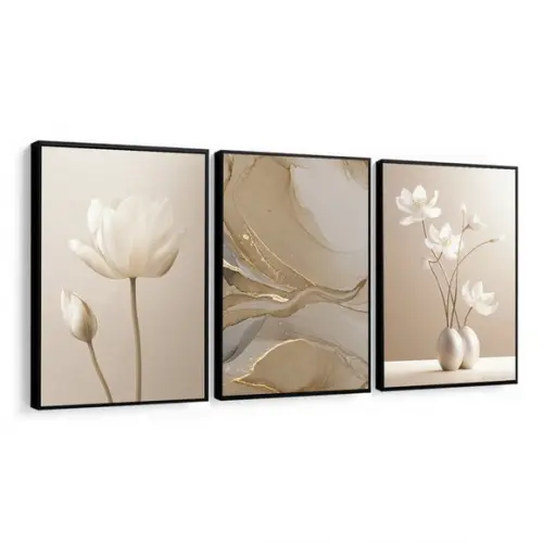 Quadro Decorativo Abstrato Bege Boho Flores Moderno Moldura