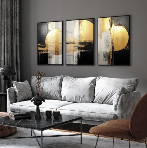 Quadro Decorativo Abstrato Dourado Moderno Moldura e Vidro