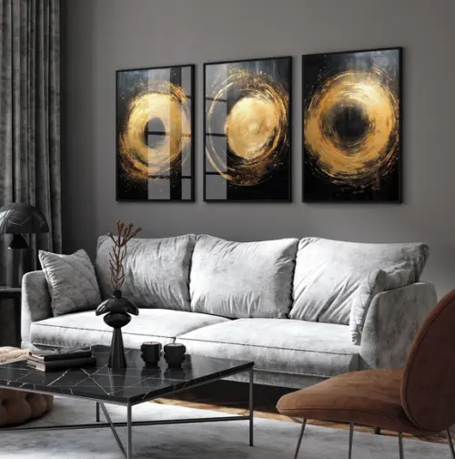 Quadro Decorativo Abstrato Dourado Moderno Moldura e Vidro