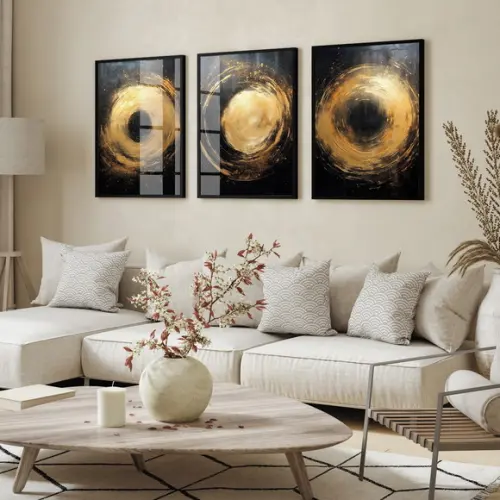 Quadro Decorativo Abstrato Dourado Moderno Moldura e Vidro