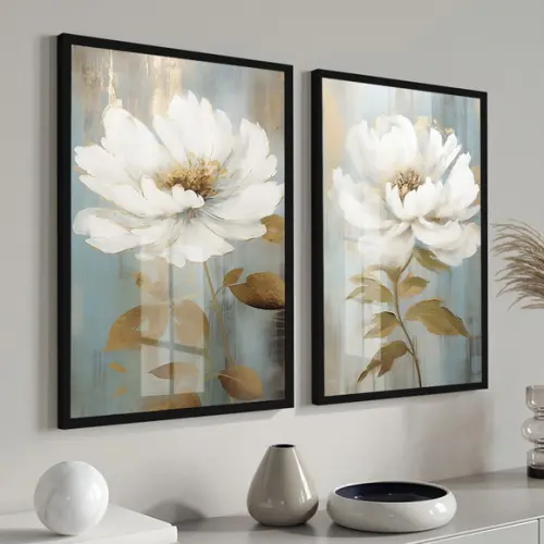 Quadro Decorativo Abstrato Flores Sala Quarto Moldura Vidro