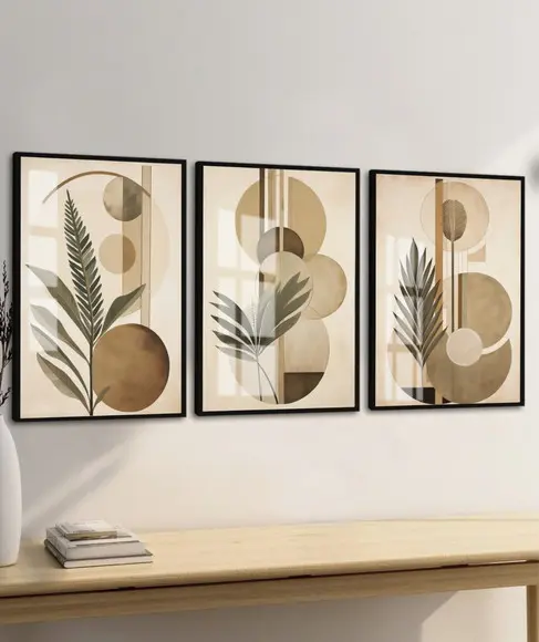 Quadro Decorativo Abstrato Folhagem Geométrico Moldura Vidro