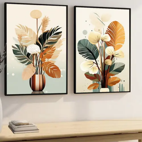 Quadro Decorativo Abstrato Folhagem Moderna Sala com Moldura