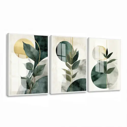 Quadro Decorativo Abstrato Folhagem Verde Luxo Moldura Vidro