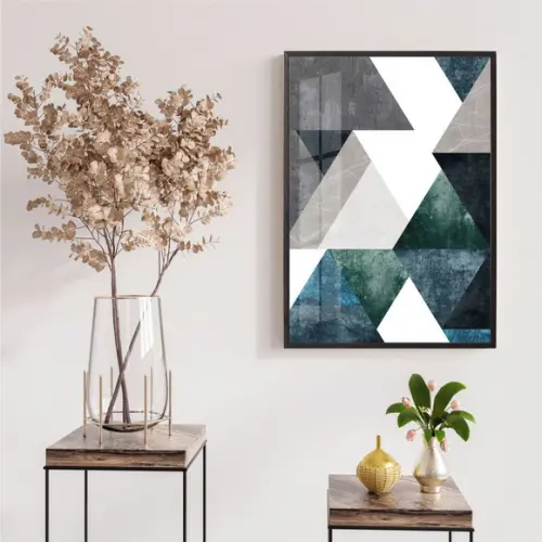 Quadro Decorativo Abstrato Geométrico Azul Moldura e Vidro