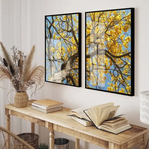Quadro Decorativo Arvore Amarela Galhos Com Moldura E Vidro