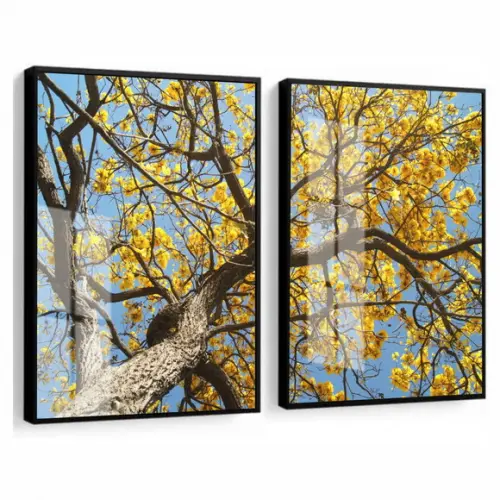 Quadro Decorativo Arvore Amarela Galhos Com Moldura E Vidro