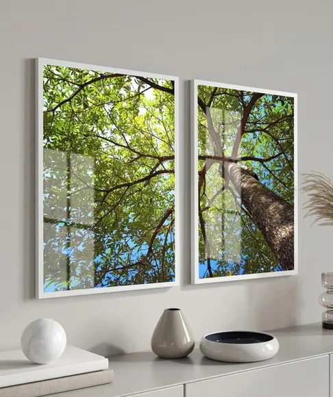 Quadro Decorativo Arvore Verde Galhos Paisagem Moldura Vidro