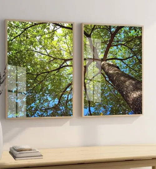 Quadro Decorativo Arvore Verde Paisagem Galhos Moldura Vidro