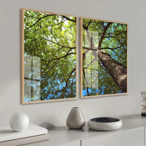 Quadro Decorativo Arvore Verde Paisagem Galhos Moldura Vidro