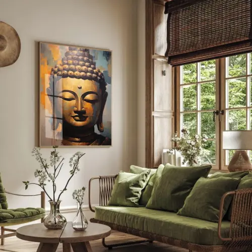 Quadro Decorativo Buda Dourado Estátua Luxo Moldura e Vidro