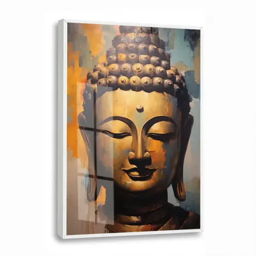 Quadro Decorativo Buda Estátua Dourado com Moldura e Vidro