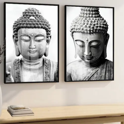 Quadro Decorativo Buda Moderno Preto e Branco Luxo com Vidro