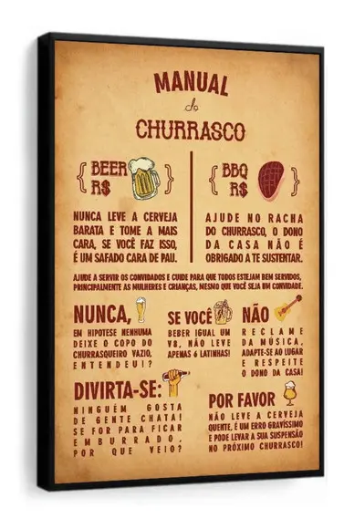 Quadro Decorativo Churrasco Cerveja Carne Frases Com Moldura