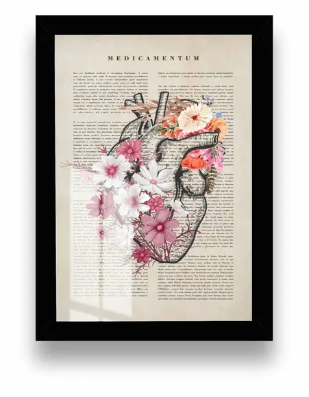 Quadro Decorativo Coração Medicina Flores Moldura e Vidro