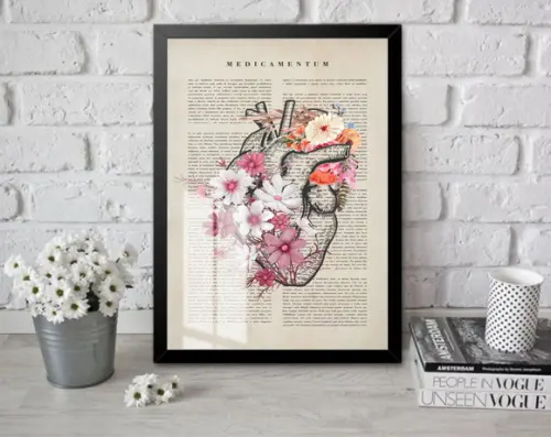 Quadro Decorativo Coração Medicina Flores Moldura e Vidro