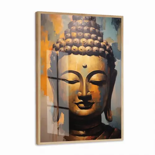 Quadro Decorativo Estátua Buda Dourado com Moldura e Vidro