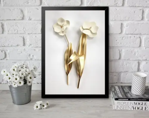 Quadro Decorativo Flor Dourada Para Quarto Sala Com Moldura