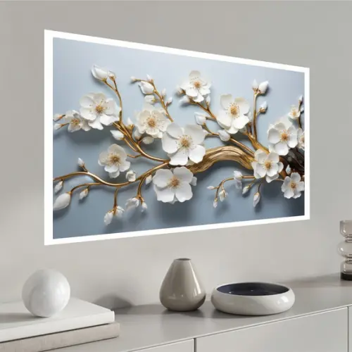 Quadro Decorativo Flor Branca e Dourada Moderno com Moldura