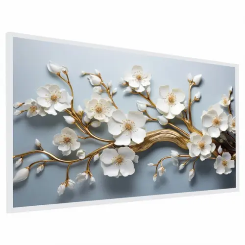 Quadro Decorativo Flor Branca e Dourada Moderno com Moldura