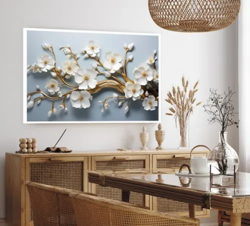 Quadro Decorativo Flor Branca e Dourada Moderno com Moldura