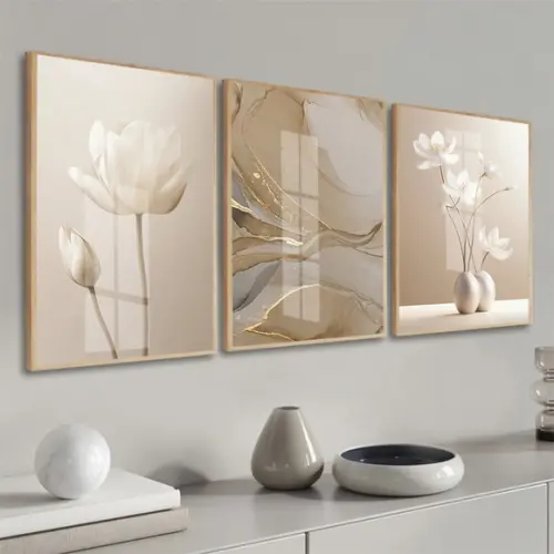 Quadro Decorativo Flores Abstrato Bege Boho Moldura e Vidro