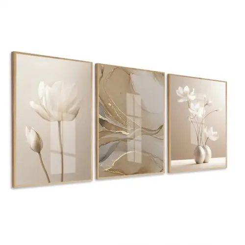 Quadro Decorativo Flores Abstrato Bege Boho Moldura e Vidro
